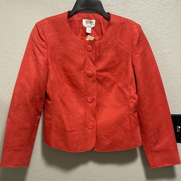 Talbots Button Down Jacket Blazer Brocade Coral Size 10 with Floral Embroidery - Picture 8 of 9